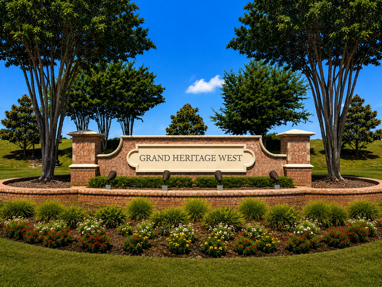 Brick entrance sign reading 'GRAND HERITAGE WEST' with curved stone panel, surrounded by landscaping and tall trees against a blue sky.