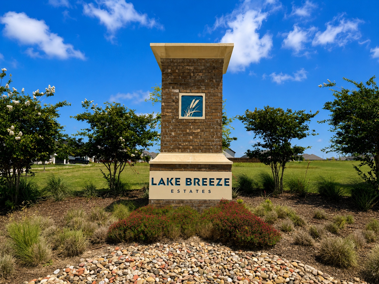 Brick monument at the Lake Breeze Estates entrance, with landscaping and a bright blue sky above.