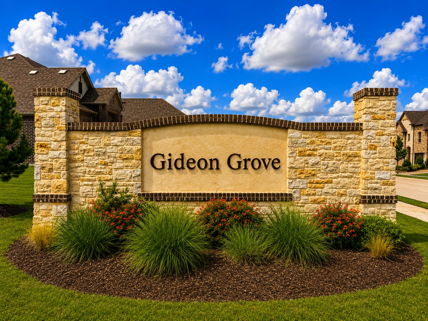 Stone entrance sign reading 'Gideon Grove' with landscaped beds and blue sky backdrop, neighborhood welcome scene.