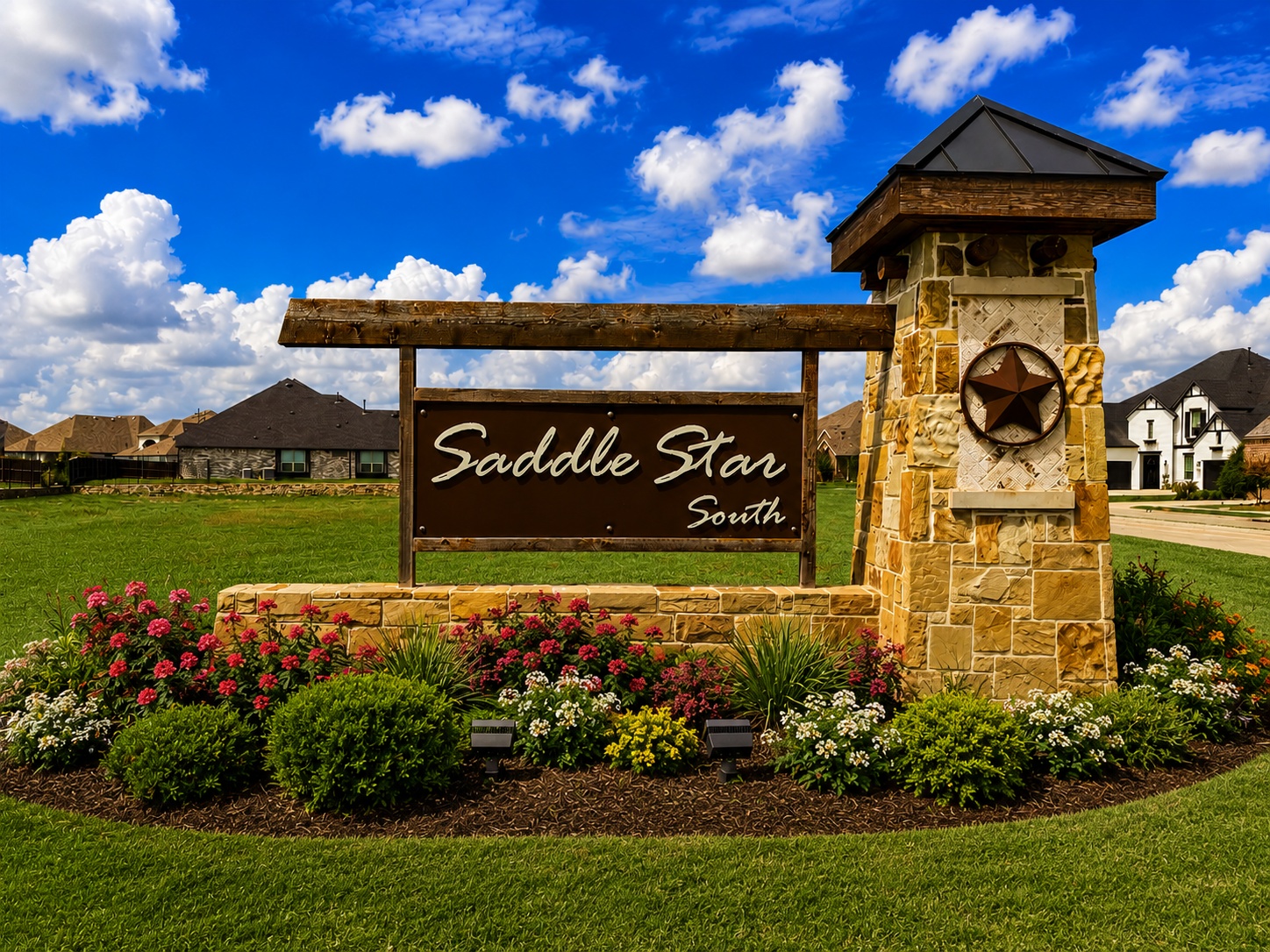 Entrance sign for Saddle Star South neighborhood with a stone pillar, flower bed, and blue sky above.